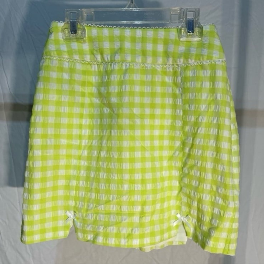 For Love & Lemons Maureen Mini‎ Skirt In Lime Gingham Plaid With Bows NWT Large